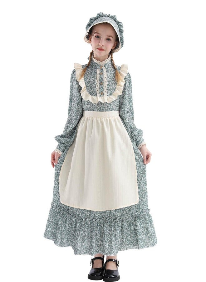 Nuoqi Prairie Dress Girls Colonial Pioneer Costume 1800s Victorian Dress for Girls 8-9, Blue - Image 2